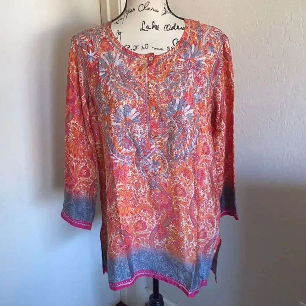 Soft Surroundings Boho Embroidered Detailing Print Design Tunic Casual